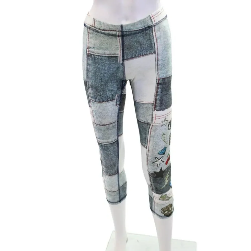 Terez Womens Patchwork Elastic Waist Low-Rise Cropped Leggings Blue Size S